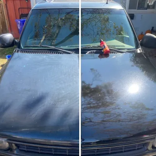 a black car is shown before and after being cleaned .