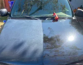 a black car with a bottle of water on the hood .