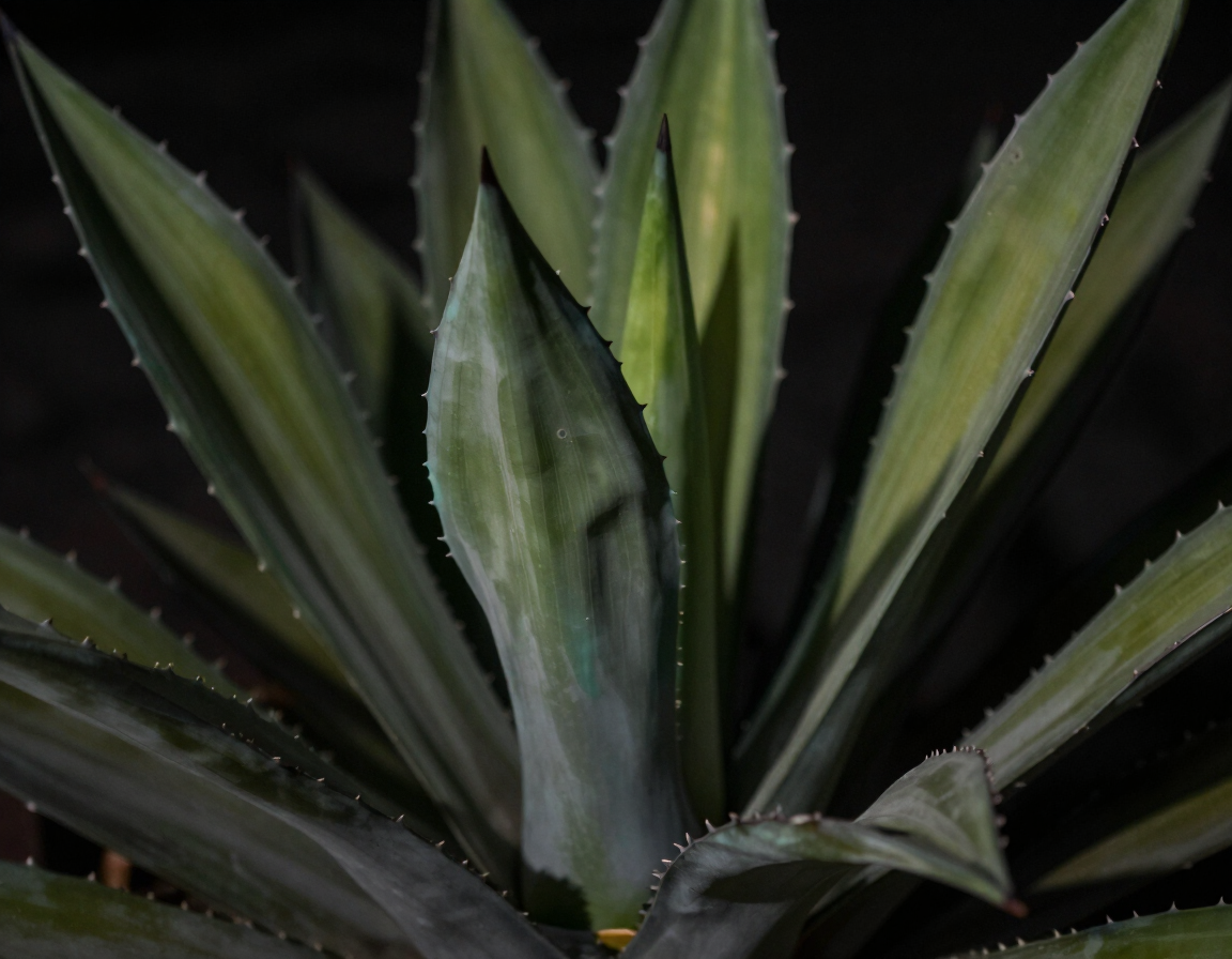 Macro photograph of agave leaves lit by candlelight