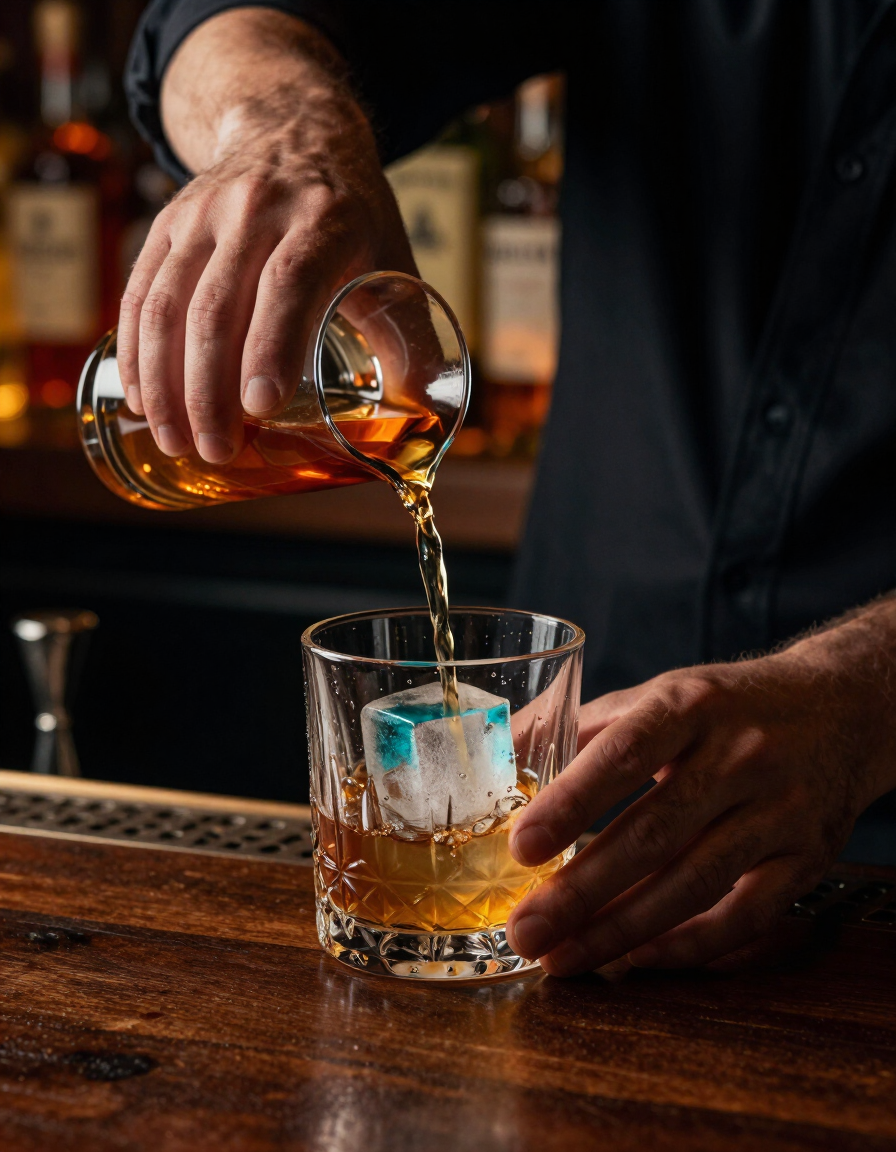 Bartender pouring a mezcal cocktail at a dark wooden bar