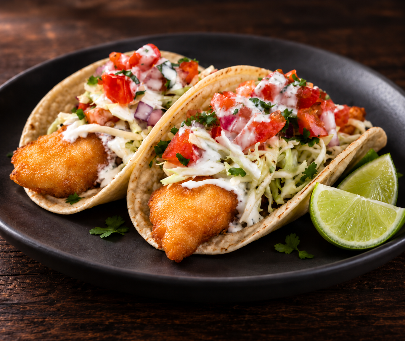 Chef's hands preparing a fresh fish taco in a dark kitchen