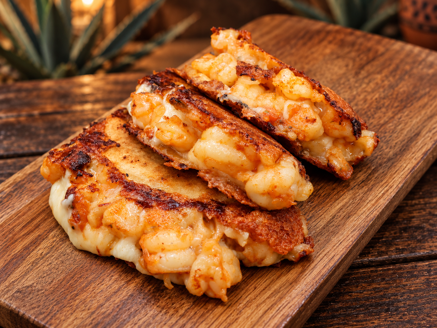 Fish and shrimp skewers grilling over glowing embers