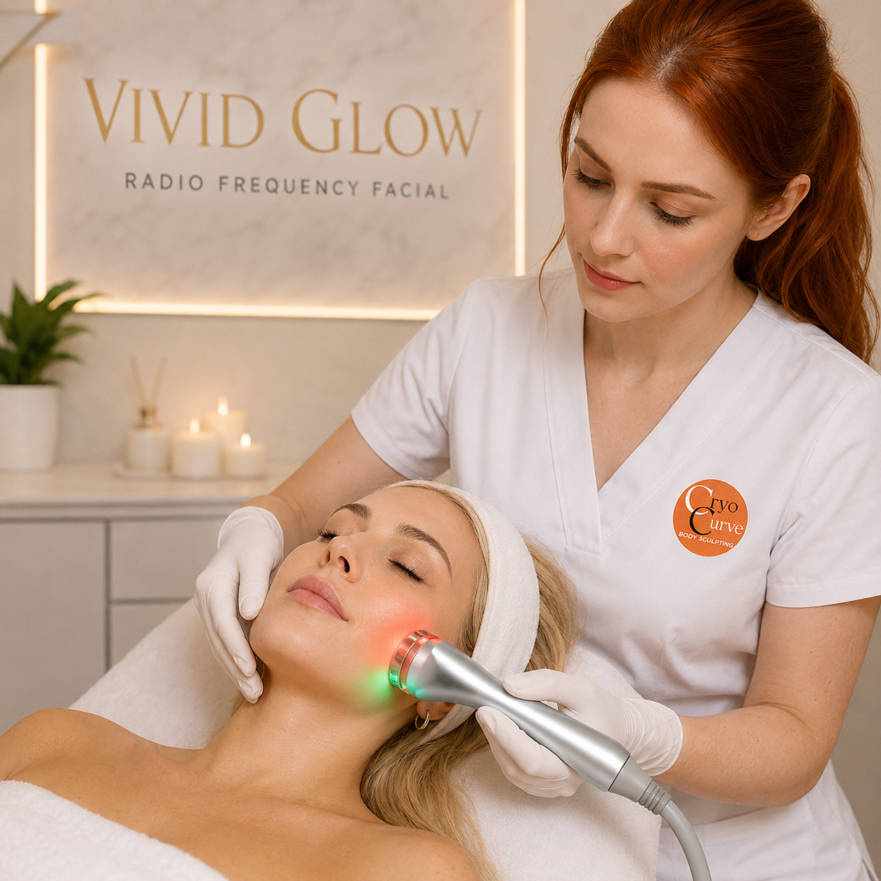 Woman receiving Cryo Curve facial treatment; aesthetician holding a device.