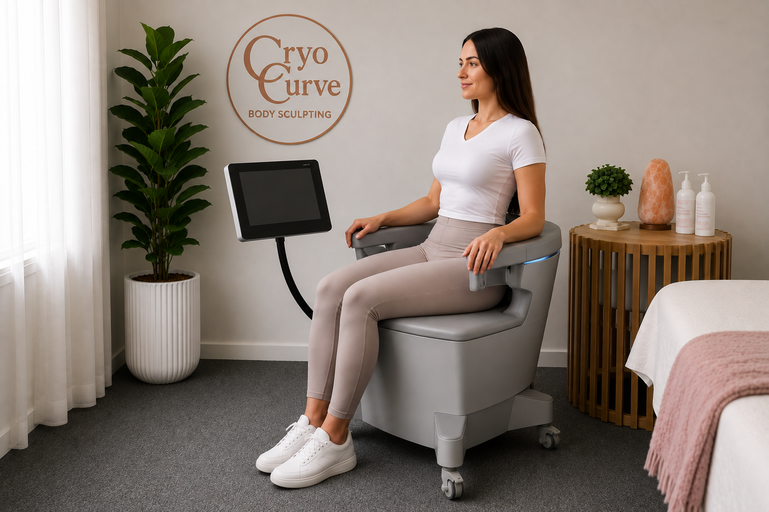 Cryo Curve body sculpting device in a treatment room. Chair, control panel, and logo on the wall.