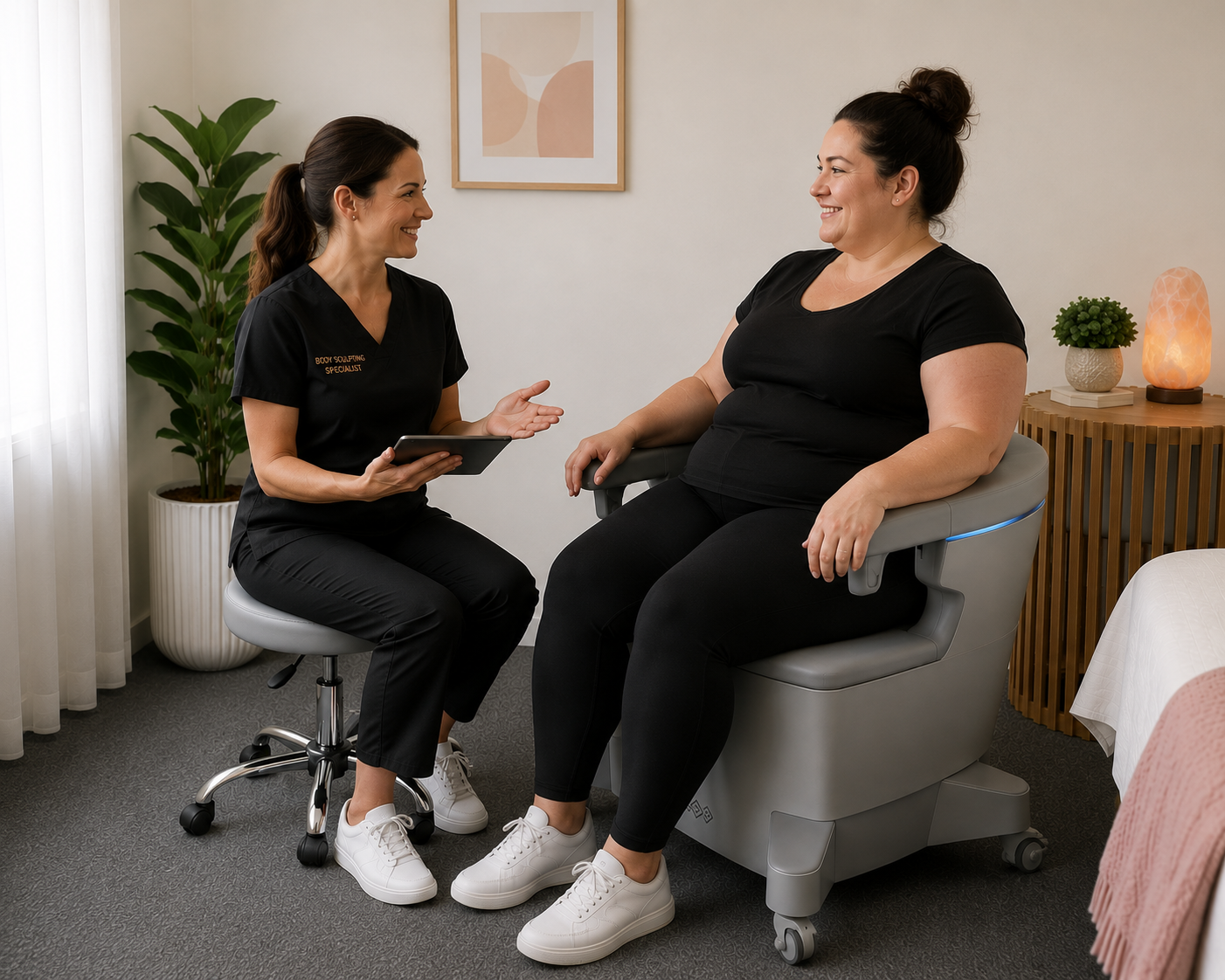 Woman smiles at technician near a body sculpting machine in clinic; CryoCurve logo in background.