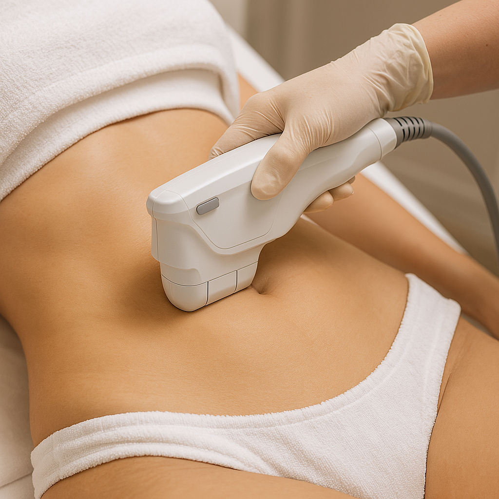 Person receiving body treatment on abdomen with a device; white underwear, gloves, and towel.