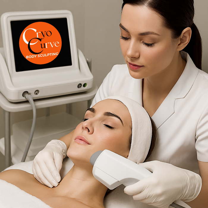 Woman receiving Cryo Curve facial treatment; aesthetician holding a device.