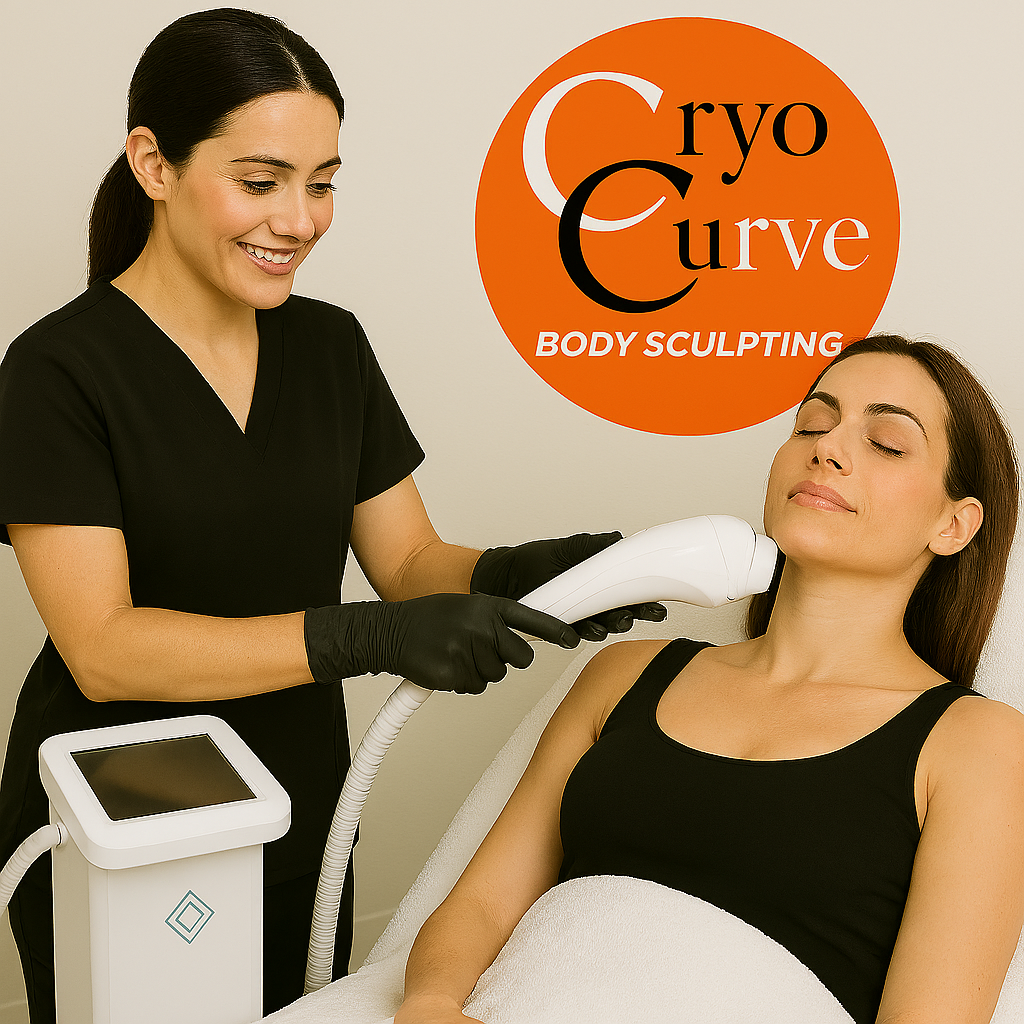 Woman receiving cryo body sculpting treatment on her face and neck by a technician in a clinic setting.