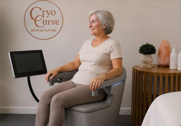 Cryo Curve body sculpting device in a treatment room. Chair, control panel, and logo on the wall.