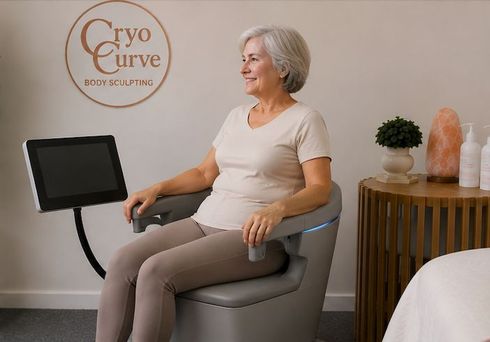 Woman sits on a medical device, reading a pamphlet in a clinic.