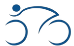 Disegno minimalista a linee blu di una persona in posizione aerodinamica che pedala su una bicicletta.