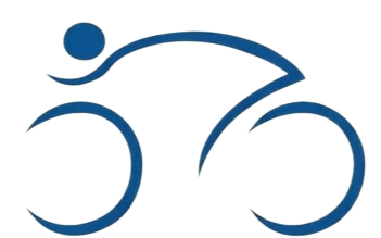 Disegno minimalista a linee blu di una persona in posizione aerodinamica che pedala su una bicicletta.
