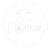 Un logo bianco su sfondo scuro raffigurante un ciclista stilizzato, una ruota di bicicletta e la scritta