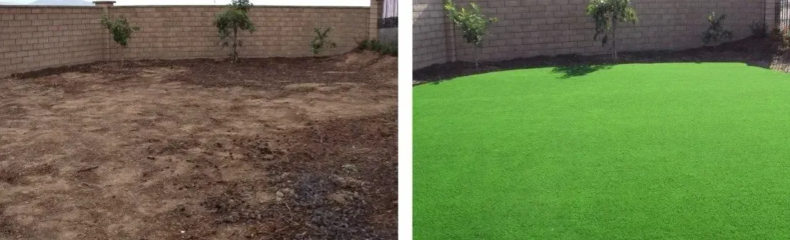 There is a before and after picture of a lawn.