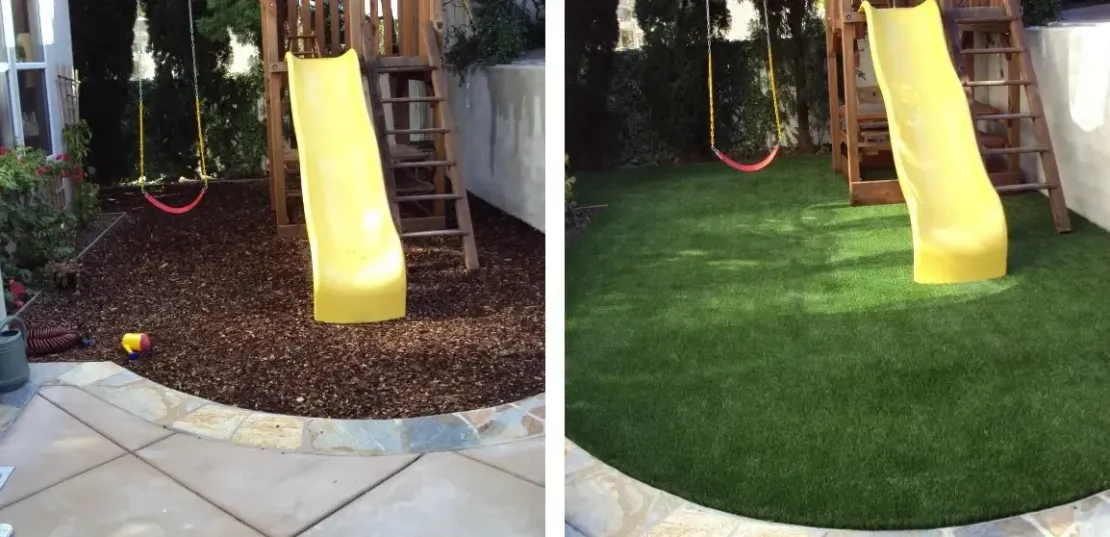 A before and after picture of a playground with a slide and swings.