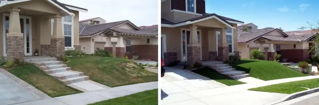 A before and after picture of a house 's front yard
