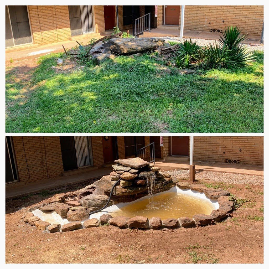 Before-and-after view of a small garden pond and landscaped yard beside a brick building