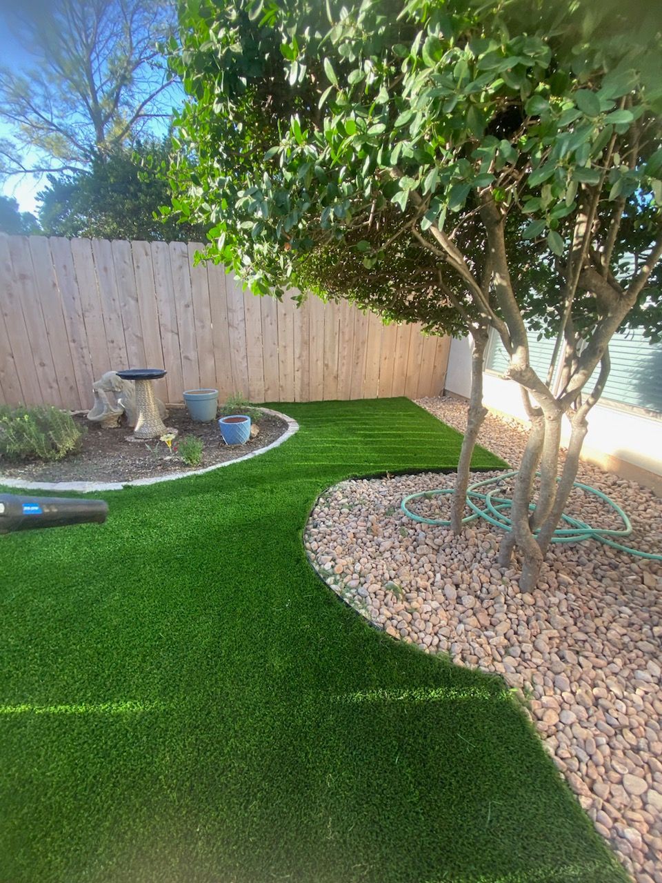 Backyard with artificial grass, pebble border, trees, and a wooden fence in sunlight