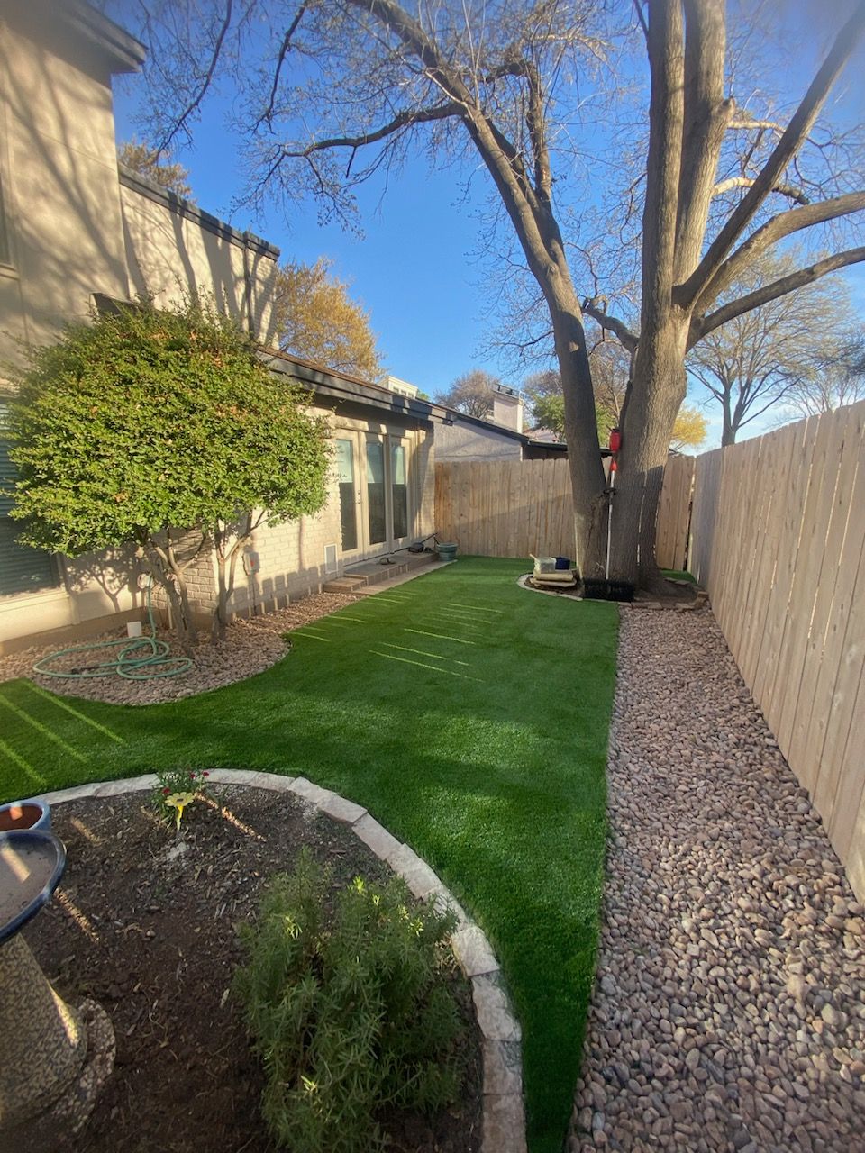 Narrow backyard with green lawn, leafless trees, rock borders, and a fence on the right under a blue sky.