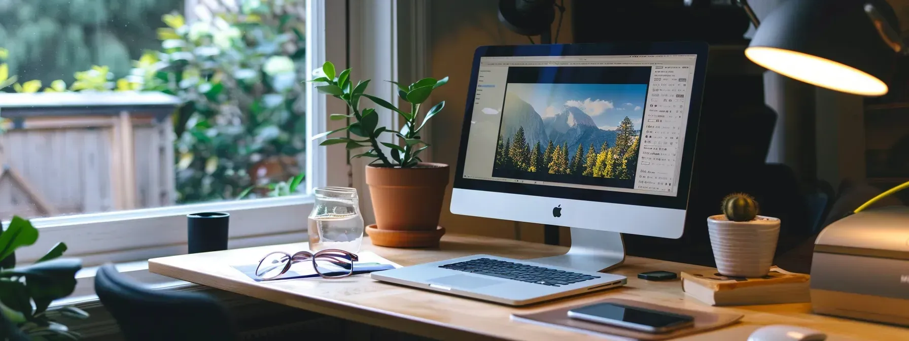 A computer is sitting on top of a wooden desk next to a window.