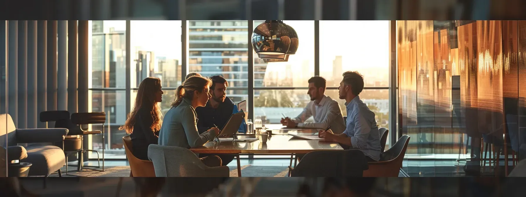 A group of people are sitting around a table having a meeting.