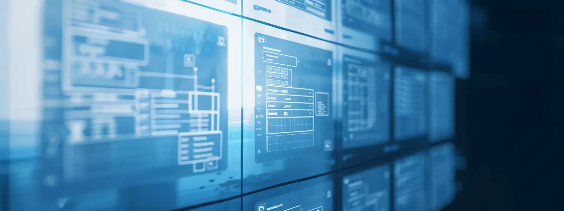 A bunch of computer monitors are lined up on a wall.