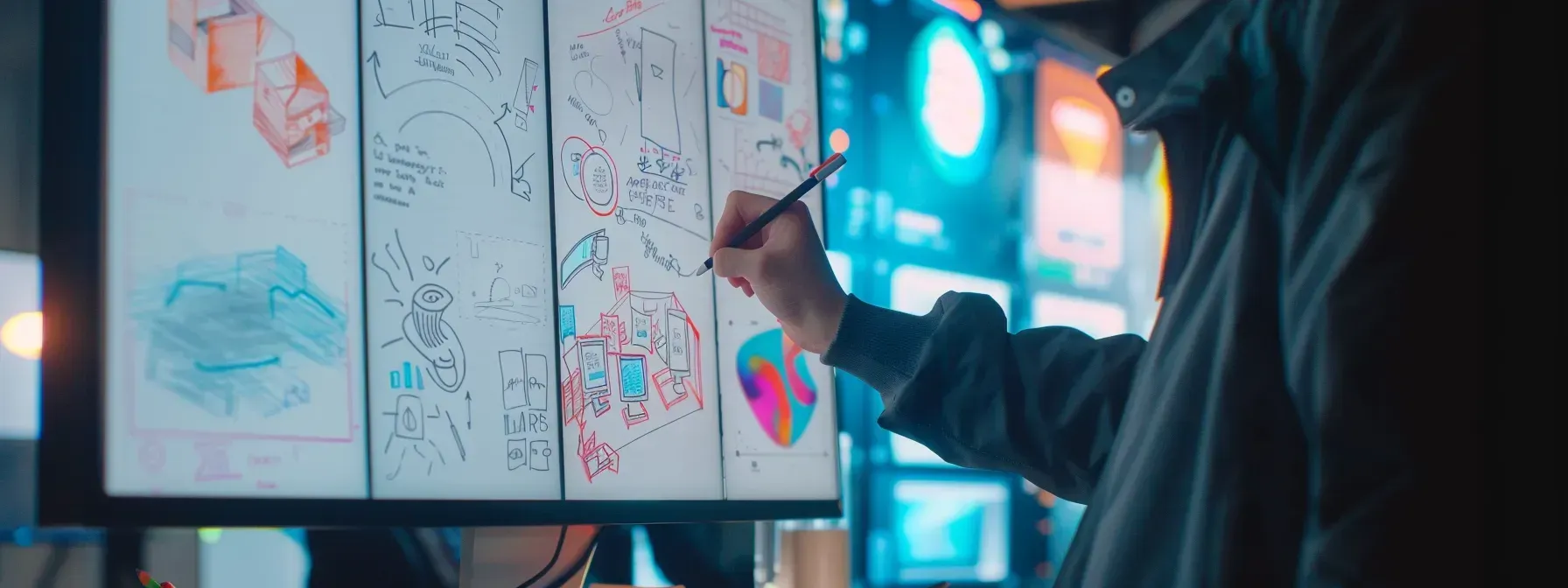 A man is drawing on a large screen with a pen.