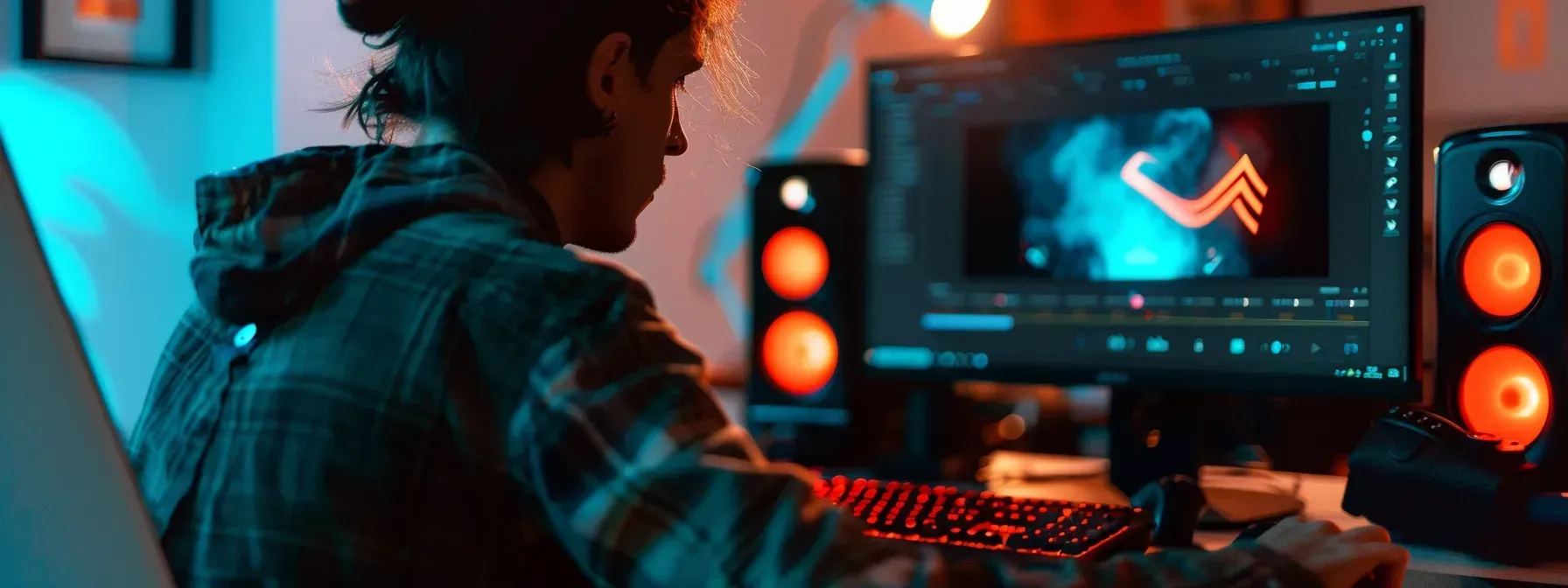 A man is sitting in front of a computer monitor.