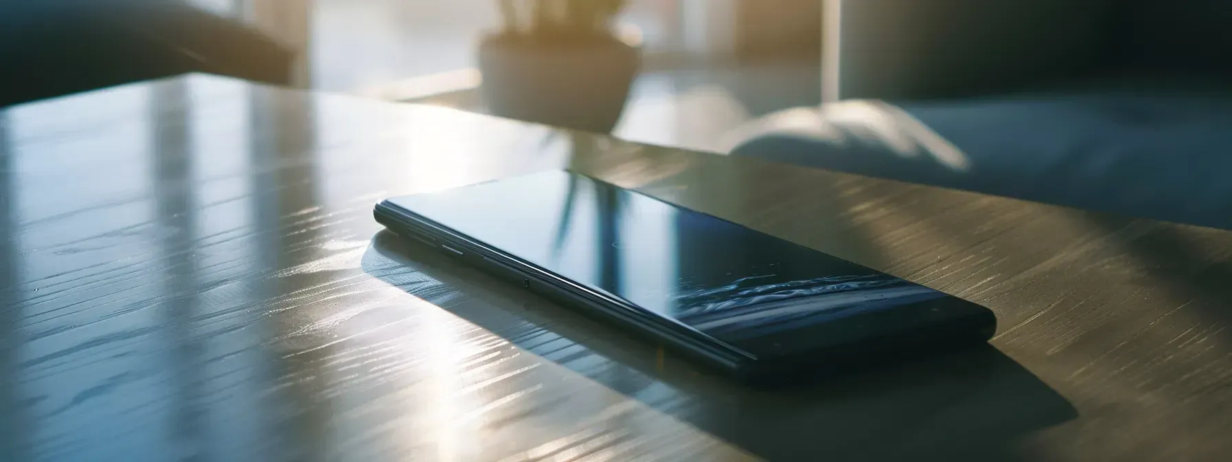 A cell phone is laying on a wooden table.