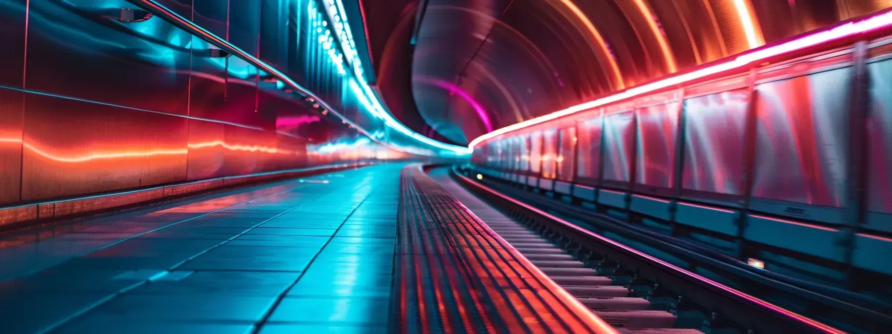 A train is going through a tunnel with neon lights.