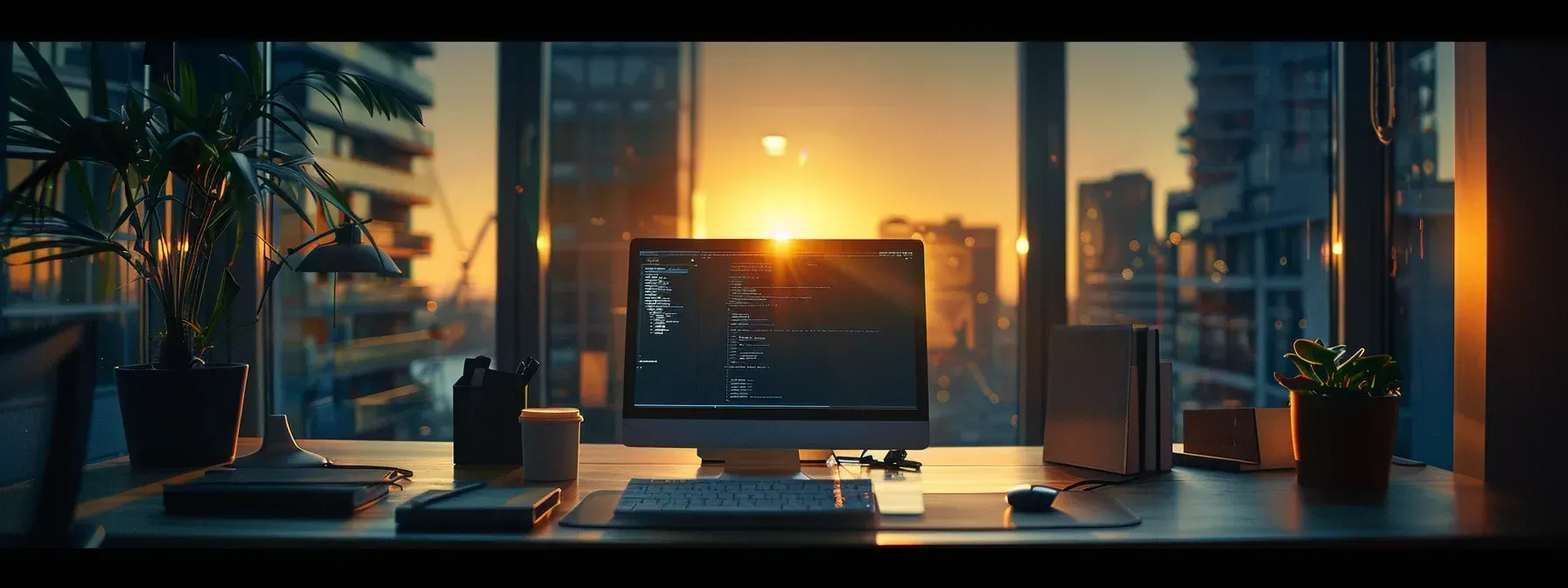 A computer is sitting on a desk in front of a window at sunset.