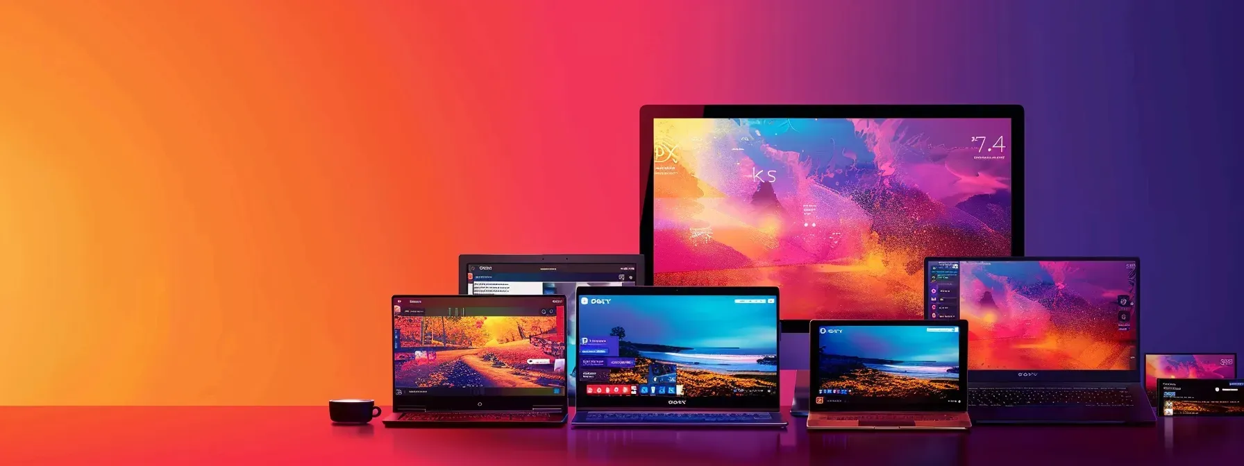A group of laptops and monitors sitting on top of a table.
