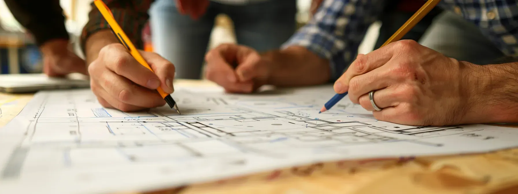 A group of people are sitting at a table writing on a piece of paper with pencils.