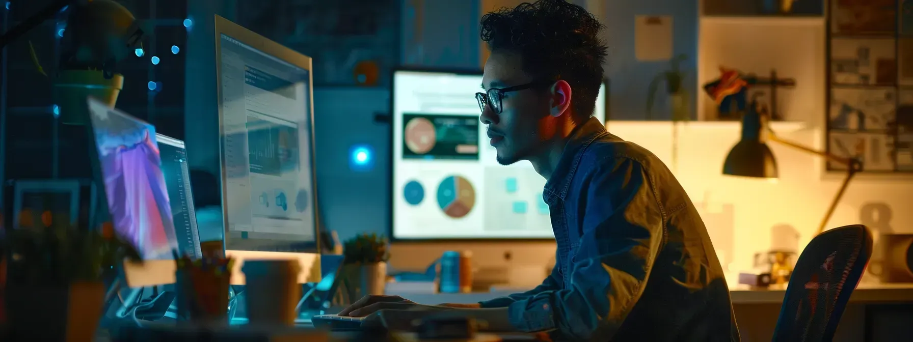 A man is sitting at a desk using a computer at night.