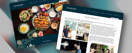 A website with a picture of a table of food and a picture of a man and woman.