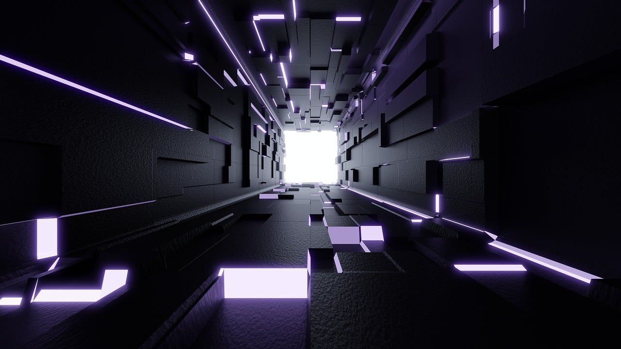 A dark tunnel with purple lights coming out of the ceiling.