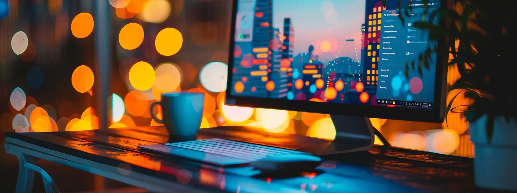 A computer monitor is sitting on top of a desk next to a cup of coffee.