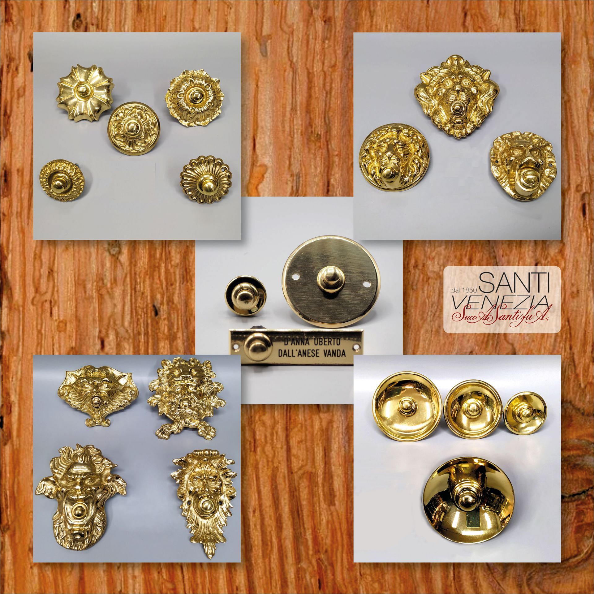Un collage che mostra vari elementi decorativi, pomelli e dettagli in metallo ornati e color oro su uno sfondo di legno.