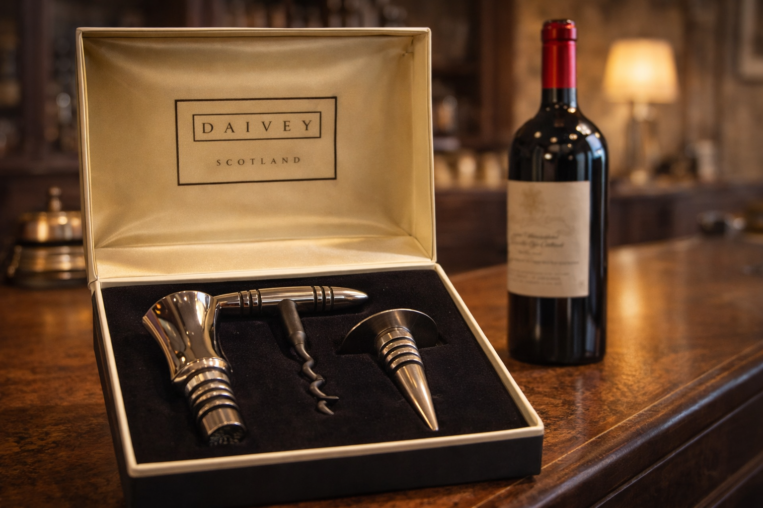 Un set di utensili da vino in argento, contenuto in un'elegante confezione regalo, è appoggiato su un bancone di legno accanto a una bottiglia di vino rosso.