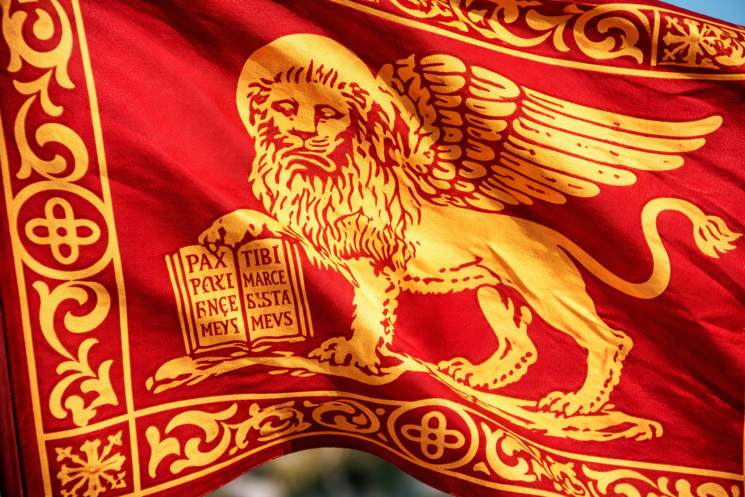 La bandiera rossa e oro di Venezia, con un leone alato che regge un libro aperto, ondeggia alla luce del sole.