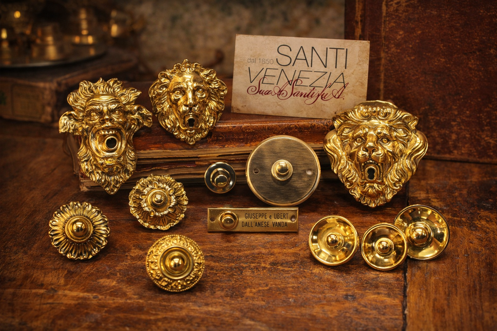 Un assortimento di elementi decorativi in metallo dorato, tra cui teste di leone e pezzi circolari, disposti su una superficie di legno rustico.
