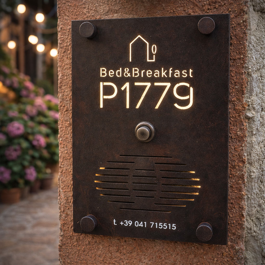 Una targa per citofono in metallo scuro e rustico per "Bed & Breakfast P1779", con campanello e numero di telefono, montata su un muro di pietra.