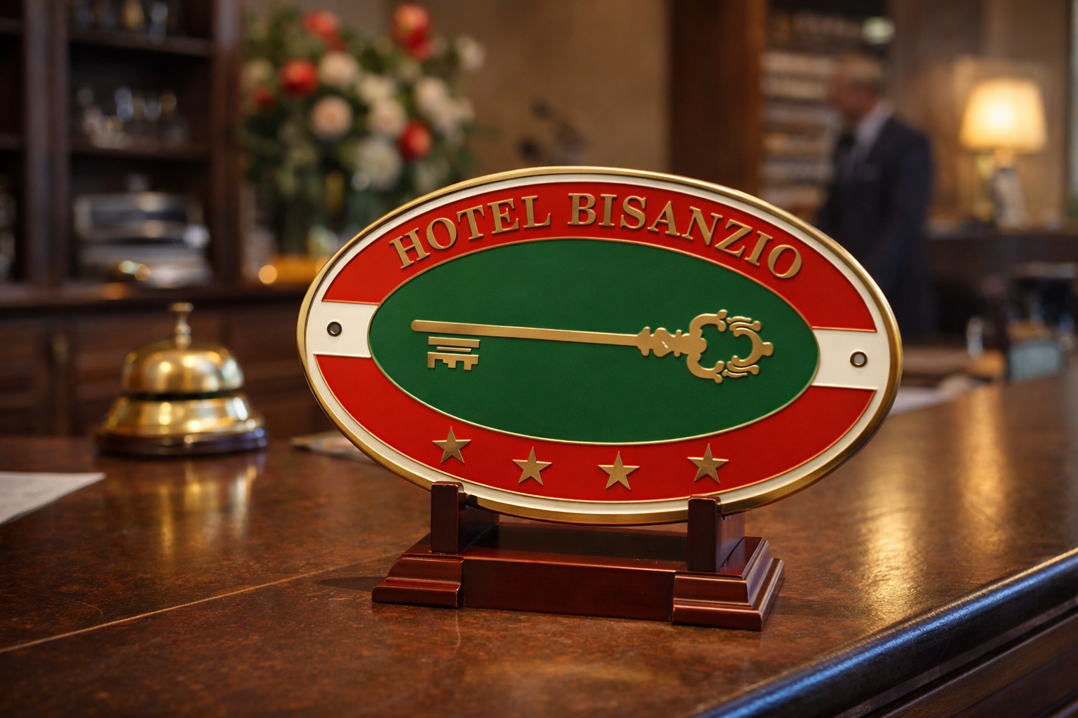 Un'insegna ovale con finiture dorate, recante l'icona di una chiave e quattro stelle, è posizionata su un bancone di legno della reception.