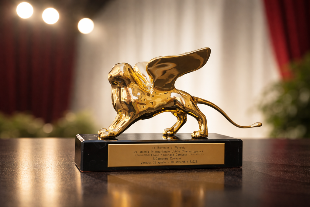 Il Leone d'Oro del Festival del Cinema di Venezia, una scultura di leone alato in oro lucido, è collocato su un palco scuro.