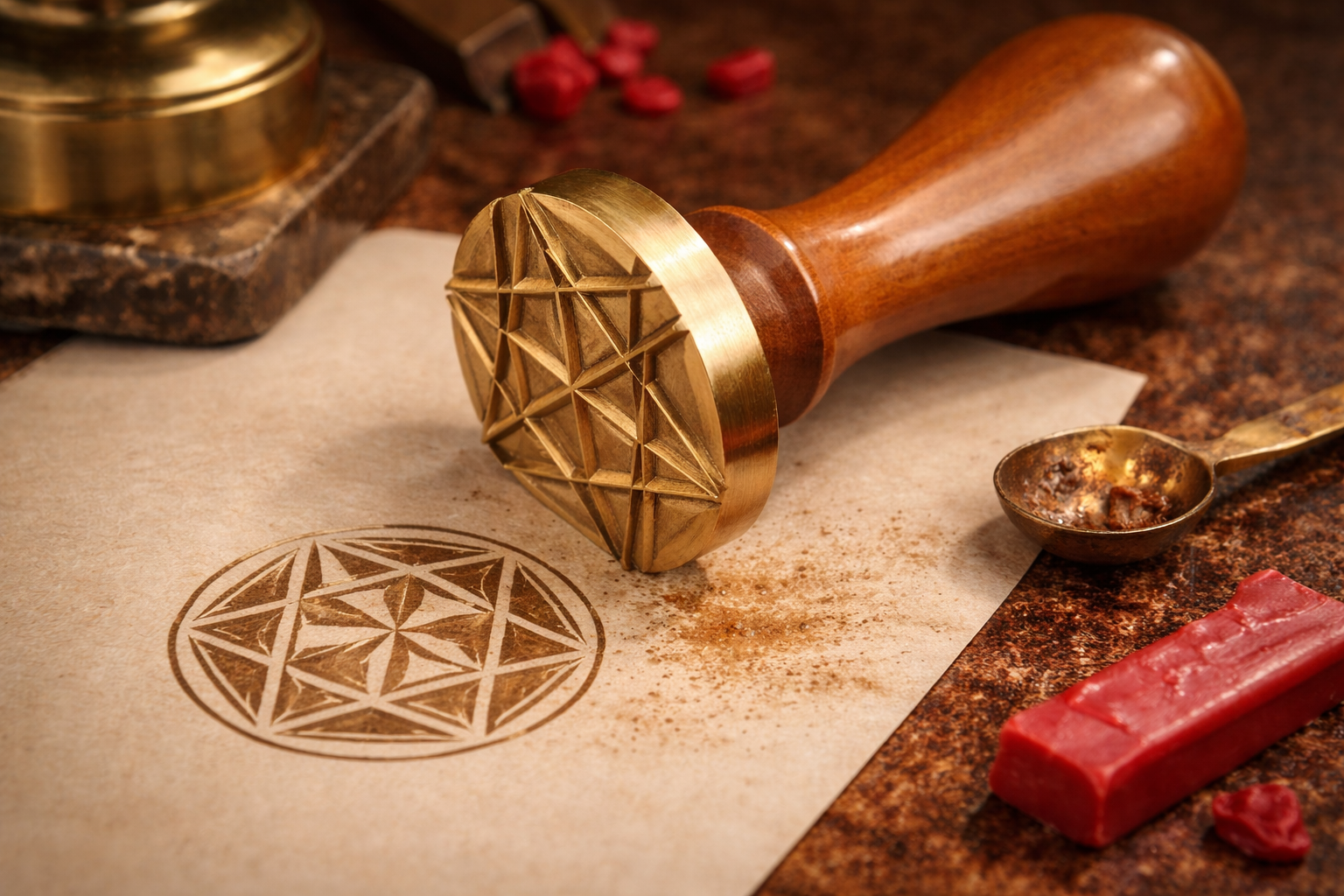 Un sigillo di cera in ottone con un disegno geometrico a stella è appoggiato su pergamena accanto a un bastoncino di cera rossa e a un cucchiaio di metallo.