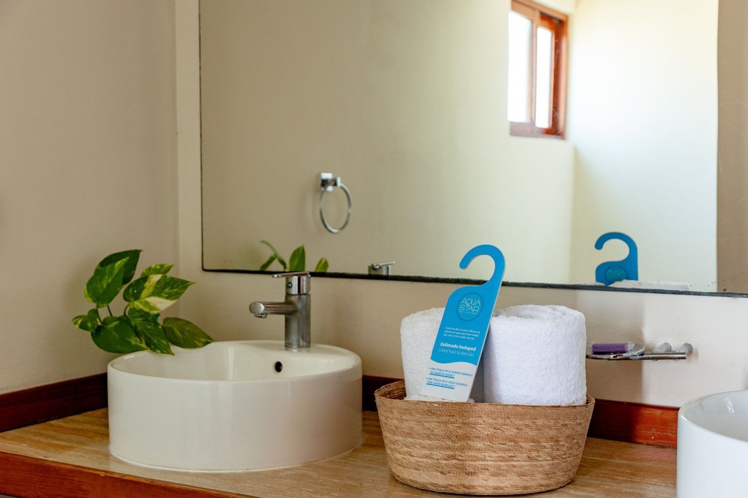 Lavabo con espejo, planta en maceta, cesta de mimbre con toallas y un cartel azul.
