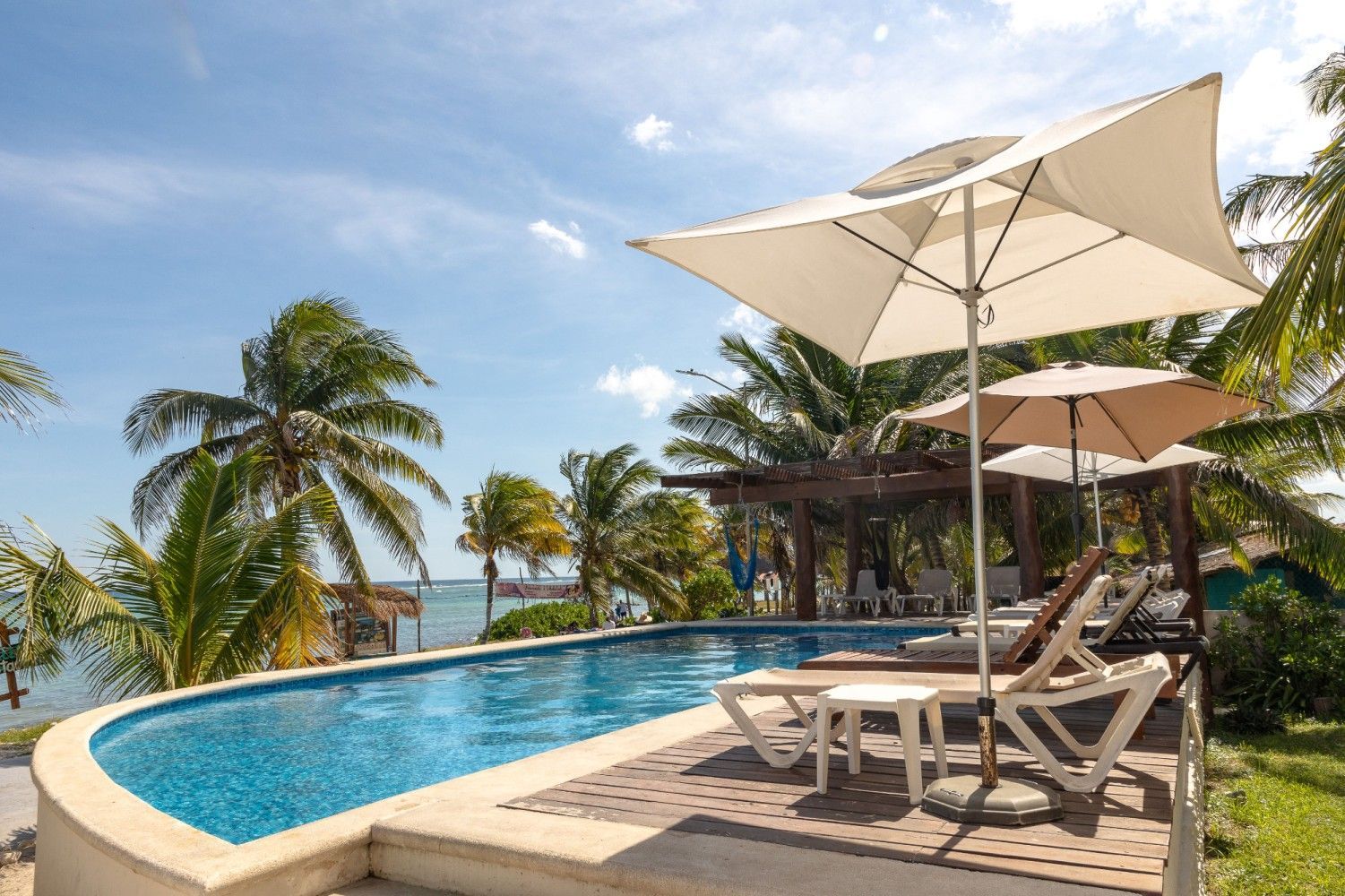 Piscina de estilo tropical con tumbonas, sombrillas y palmeras junto al océano.