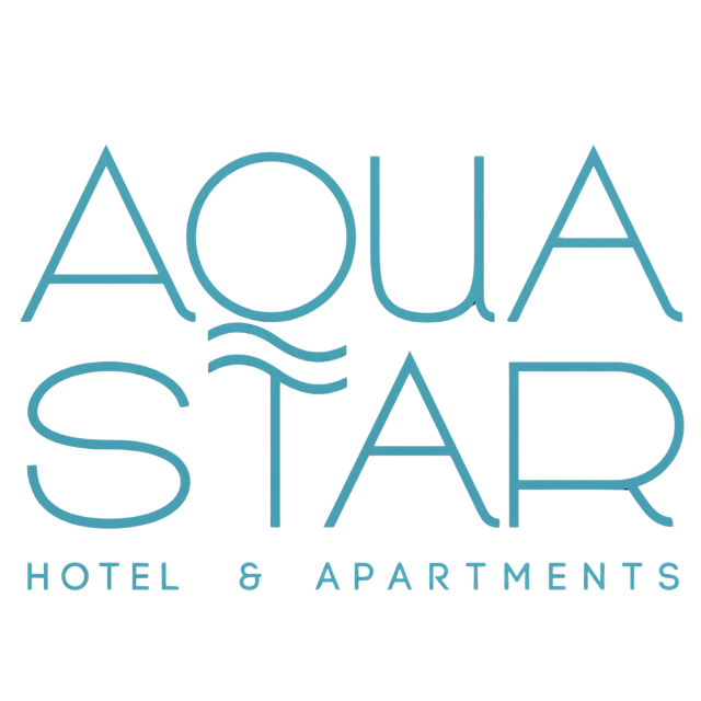Logotipo de Aqua Star Hotel & Apartments en color verde azulado con olas estilizadas sobre un fondo blanco.