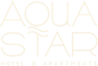 Logotipo del hotel y apartamentos Aqua Star en color dorado pálido sobre fondo blanco.