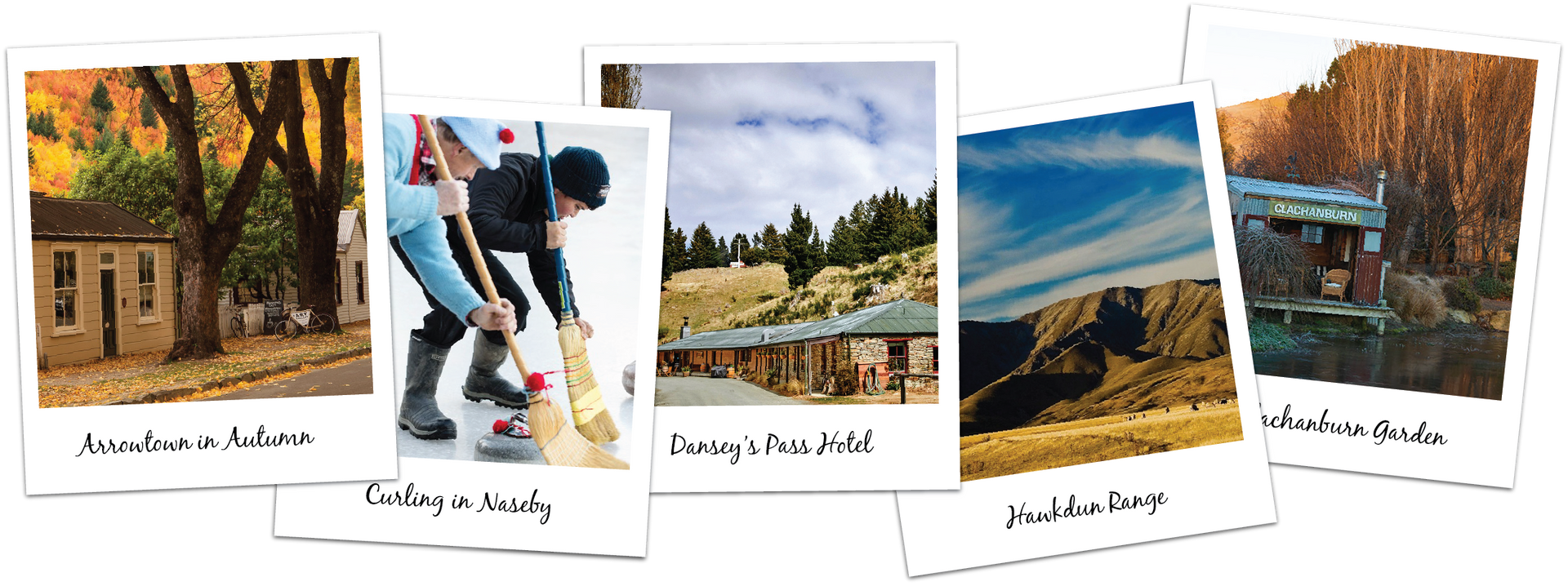 A collage of five polaroid-style photos showing a curling game, park shelters, hills, and the Dansey's Pass Hotel.